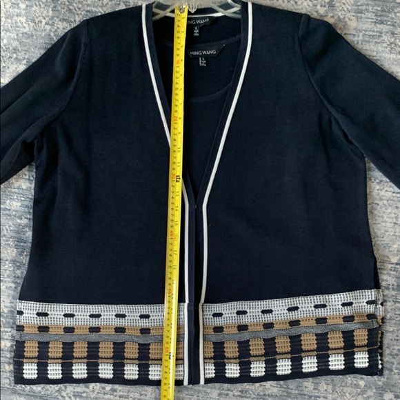 Ming Wang Dark Navy, Tan and White Geometric Cardigan Sweater - Picture 3 of 7